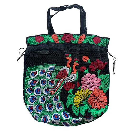 Vintage Beaded Peacock Floral Drawstring Handbag Bag Circa 1960s - Picture 1 of 6